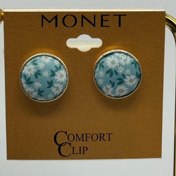 Monet Vintage Clip on Button Earrings Blue - Picture 2 of 5